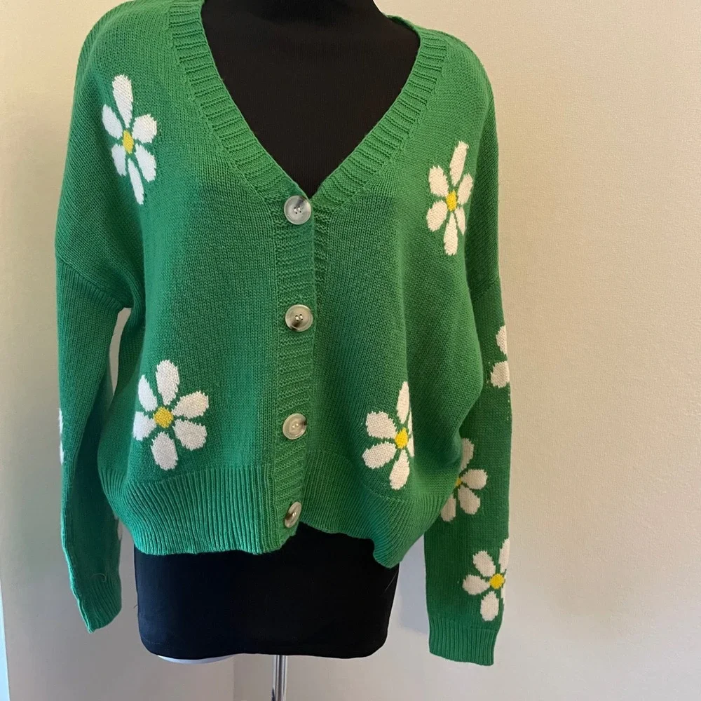 Just Polly New York Green Daisy Floral Knit Cardigan Sweater‎ Womens Small